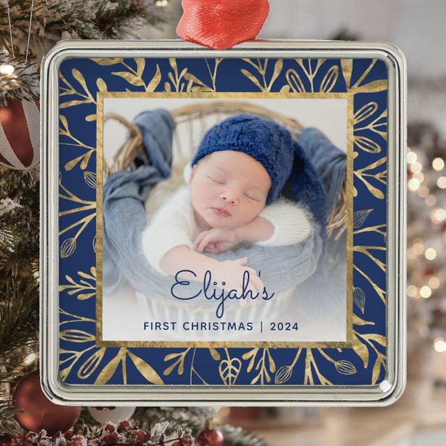 Babys 1. Weihnachtsgebäck Navy Blue Gold Foliage F Ornament Aus Metall (Von Creator hochgeladen)