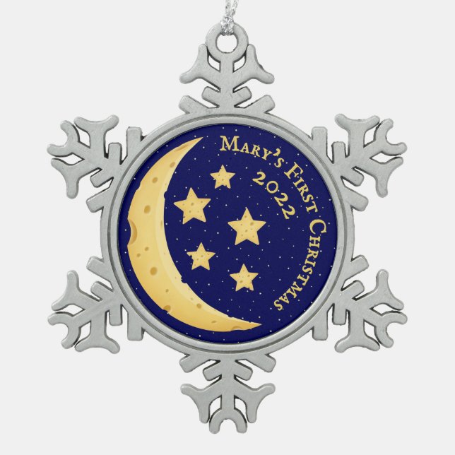 Baby's 1. Weihnachtskäse Moon & Stars Custom Schneeflocken Zinn-Ornament (Vorderseite)