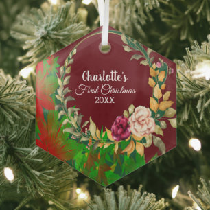 Babys 1. Weihnachtswasserfarbe Flora Wreath Custom Ornament Aus Glas