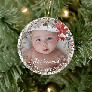 Baby's 1st Christmas Holly Wreath Photo Keepsake Keramik Ornament