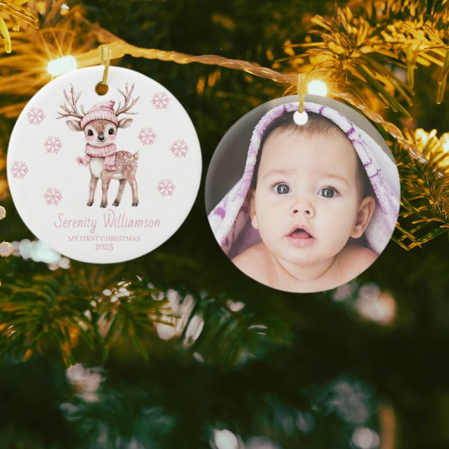 Babys 1st Christmas Photo Pink Snowflakes Woodland Keramik Ornament (Von Creator hochgeladen)