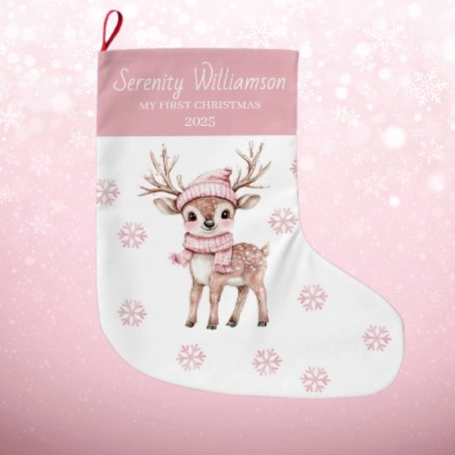 Babys 1st Christmas Pink Snowflakes Deer Woodland  Großer Weihnachtsstrumpf (Von Creator hochgeladen)