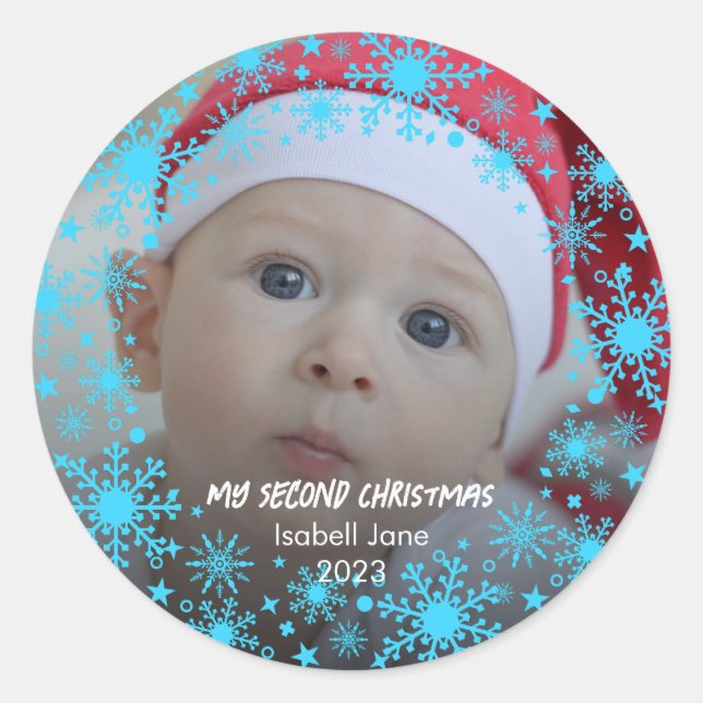 Baby's 2. Christmas Blue Snowflake Runder Aufkleber (Vorderseite)