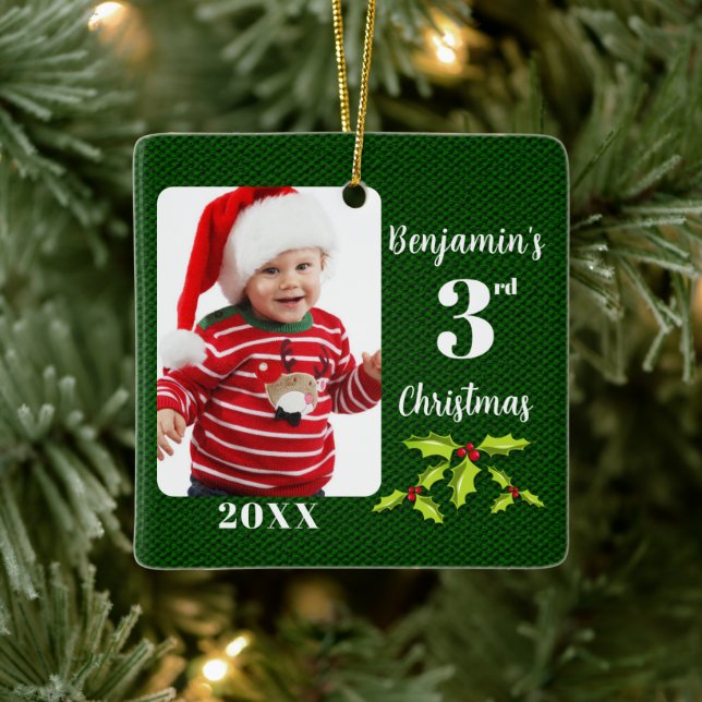 Baby's 3. Christmas Green Imitate Fabric Keepake Keramikornament (Baum)