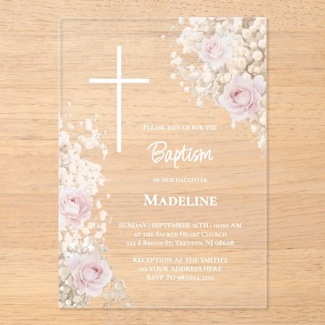 Baby's Breath and pink roses Baptism Acryleinladungen (Vorderseite)