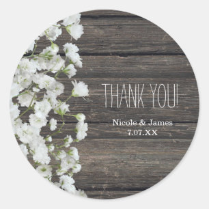 Baby's Breath auf rustikaler Holzeheland Hochzeit Runder Aufkleber