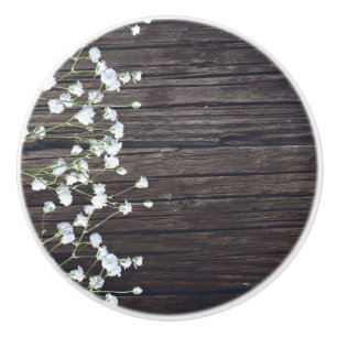 Baby's Breath Blumen & dunkles rustikales Holz Keramikknauf