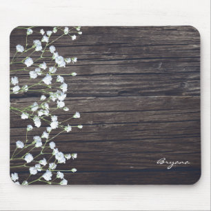 Baby's Breath Blumen & dunkles rustikales Holz Lan Mousepad