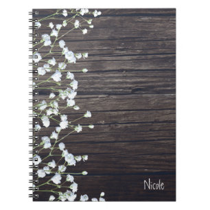 Baby's Breath Blumen & Dunkles Rustikales Holz Lan Notizblock