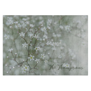 Baby's Breath-Blumenfotografie mit Familienname Schneidebrett