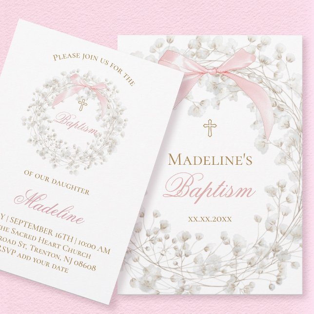 baby's breath flowers pink bow Baptism Einladung (Von Creator hochgeladen)
