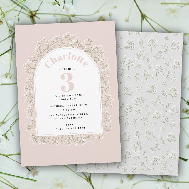 Baby's Breath Girl Pink Gypsophila Kids Birthday Einladung (Baby's Breath Girl Pink Gypsophila Kids Birthday Invitation)