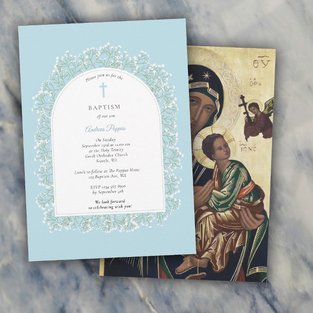 Baby's Breath Greek Orthodox Baptism Blue Boy Einladung (Baby's Breath Greek Orthodox Baptism Blue Boy Invitation)