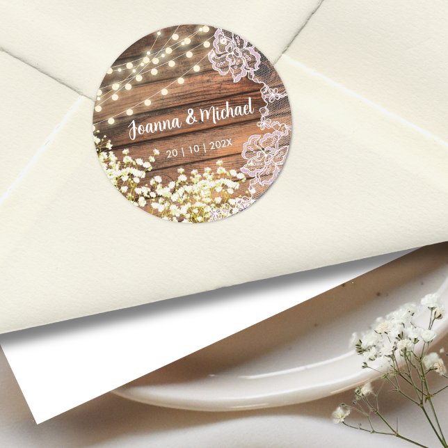 Baby's Breath Lichterkette Rustikale Holz Hochzeit Runder Aufkleber (Von Creator hochgeladen)
