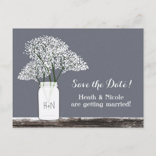 Baby's Breath Mason Jar Datum speichern Graue Post Ankündigungspostkarte