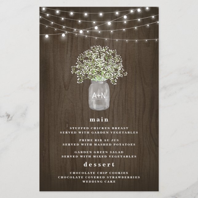 Babys Breath Mason Jar Rustic Wedding Menu Cards (Vorderseite)