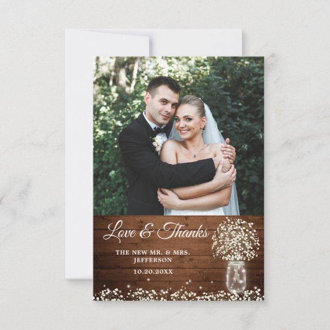 Baby's Breath Mason Jar Wood Foto von Thank You Ca Dankeskarte (Vorderseite)