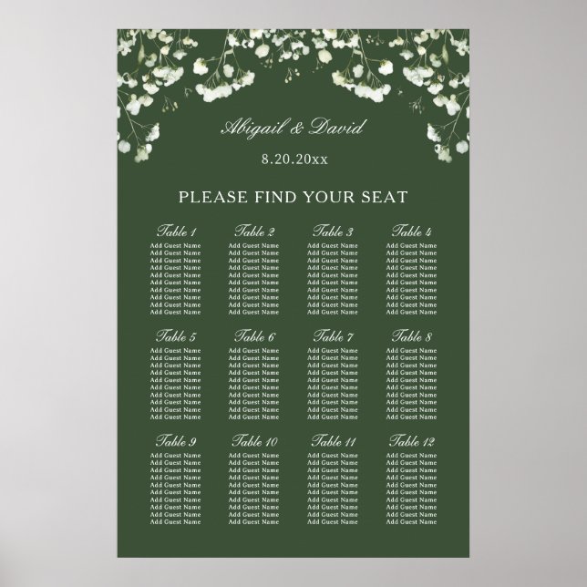 Baby's Breath on Sage Green Wedding Seating Chart Poster (Vorne)