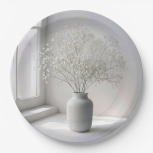 Baby's Breath-Sträußchen in weißer Vase Pappteller