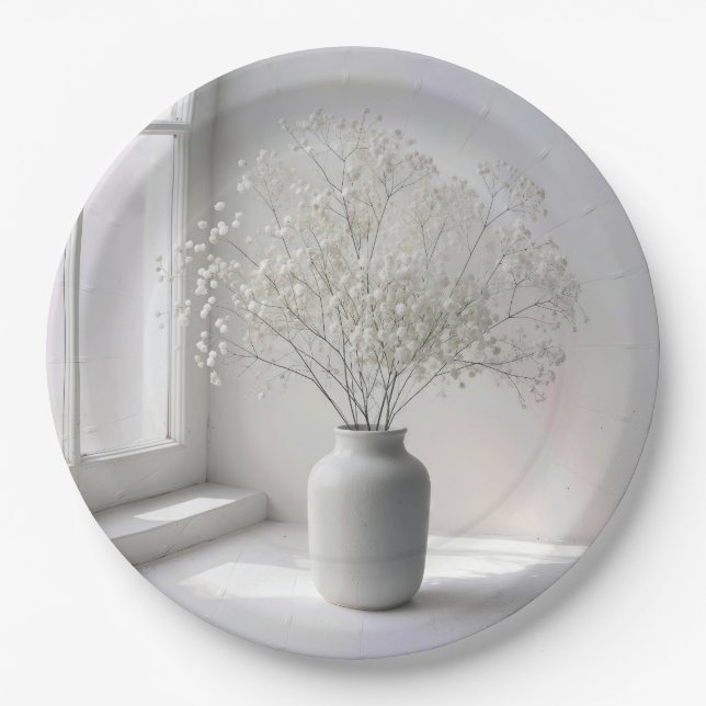 Baby's Breath-Sträußchen in weißer Vase Pappteller (Vorderseite)