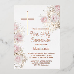 Baby's Breath und rosa Rosen Erstkommunion Folieneinladung