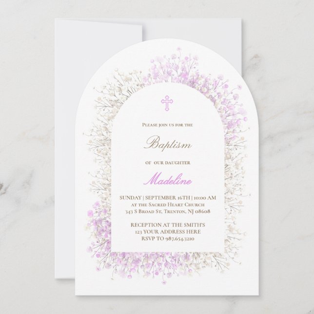 Baby's Breath white lilac baby girl Baptism Einladung (Vorderseite)