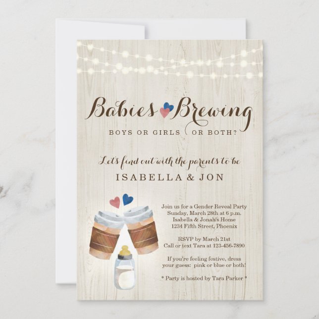 Babys Brewing Coffee Tea Twin Gender Reveal Party Einladung (Vorderseite)