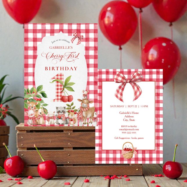 Baby's Cherry First Red Gingham Birthday Einladung (Von Creator hochgeladen)
