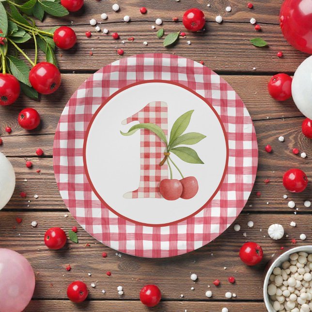 Baby's Cherry First Red Gingham Birthday Pappteller (Von Creator hochgeladen)