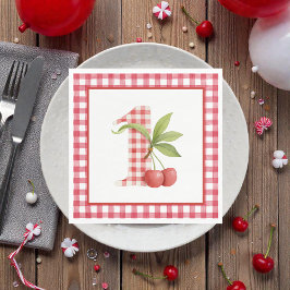 Baby's Cherry First Red Gingham Birthday Serviette