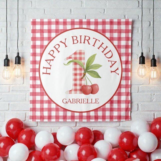 Baby's Cherry First Red Gingham Geburtstag  Wandteppich (Von Creator hochgeladen)