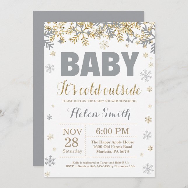 Baby's Cold Outdoor Gold und Gray Baby Shower Einladung (Vorne/Hinten)