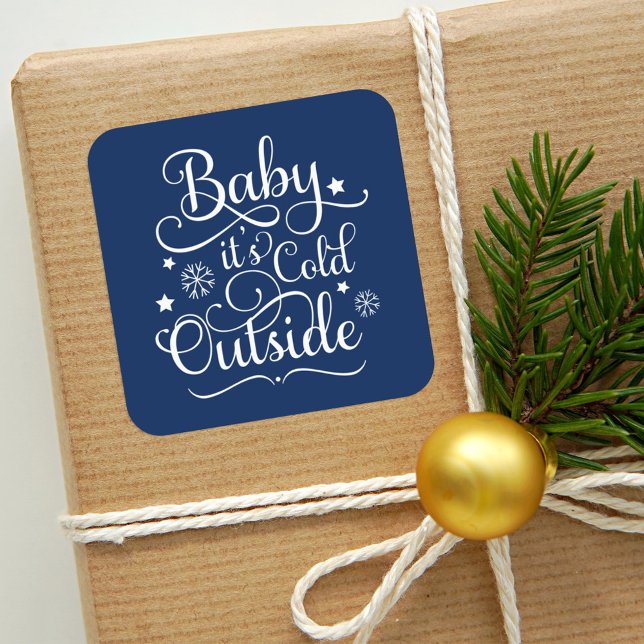 Baby's Cold Outdoor Navy Blue Script Holiday Quadratischer Aufkleber (Von Creator hochgeladen)