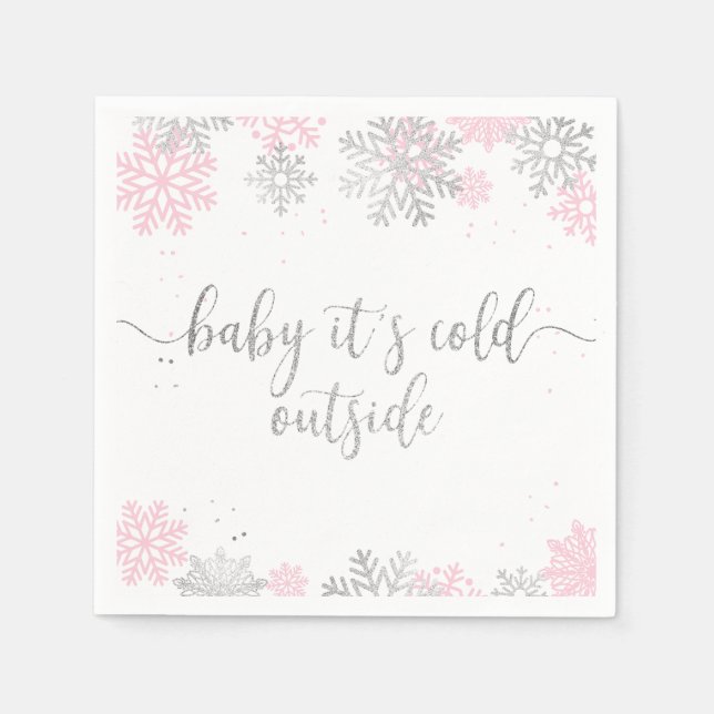 Baby's Cold Outdoor Snowflake Pink Silver Serviette (Vorderseite)