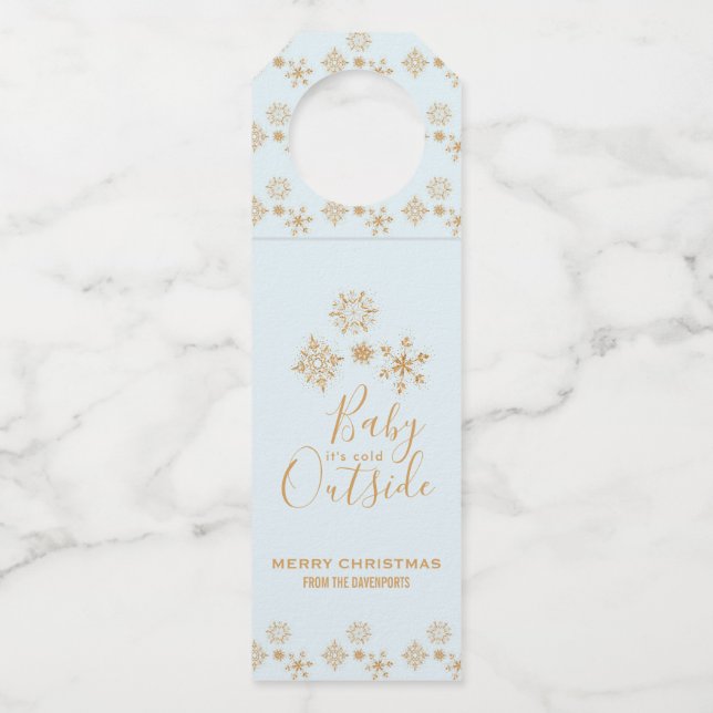 Baby's Cold Outside Gold Schneeflocken auf Blue Flaschenanhänger (Vorderseite)