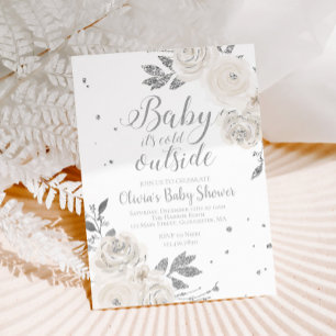 Baby's Cold Outside Silver Floral Baby Shower I Einladung