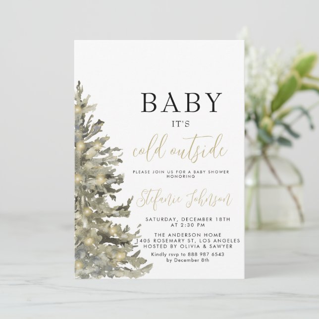 Baby's Cold Outside Weihnachtsbaum Baby Shower Einladung (Stehend Vorderseite)