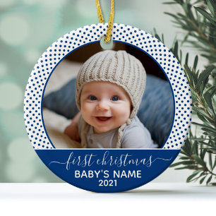 Babys Erste Weihnachten - Blaue weiße Polka Punkt Keramik Ornament