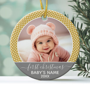 Babys Erste Weihnachten - graue gelbe Punkte Keramik Ornament