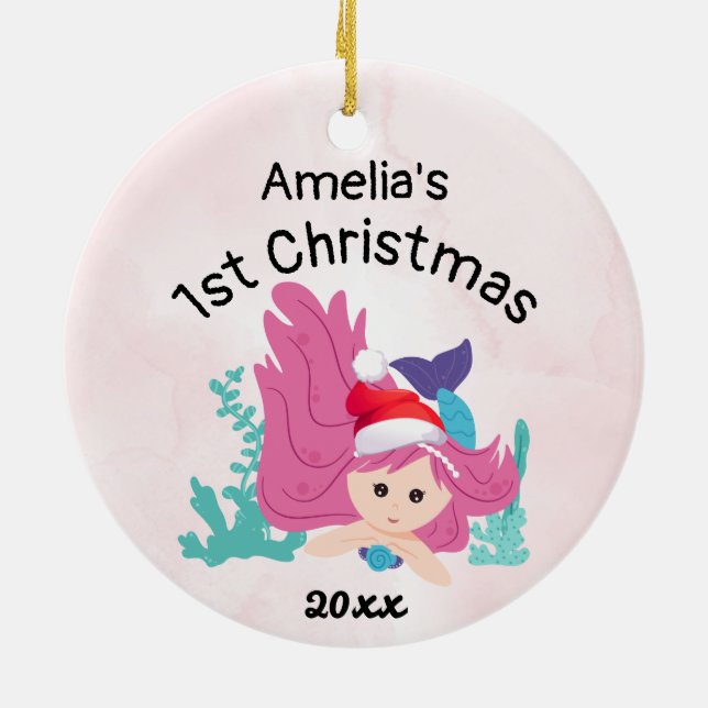 Baby's erste Weihnachten Meerjungfrau 2023 Pink Cu Keramik Ornament (Hinten)