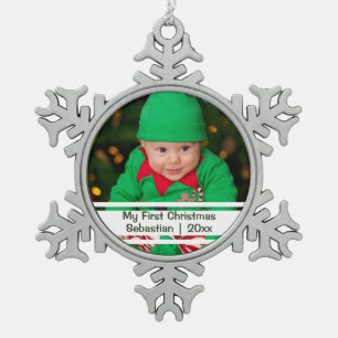 Babys Erste Weihnachten Personalisierte Fotovorlag Schneeflocken Zinn-Ornament
