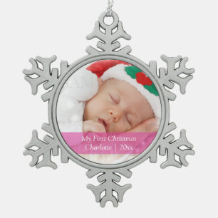 Babys Erste Weihnachten Personalisierte Fotovorlag Schneeflocken Zinn-Ornament