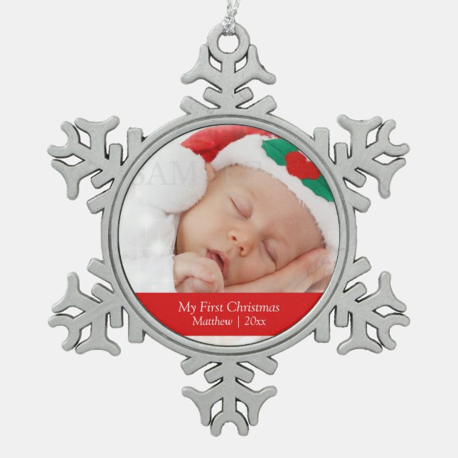 Babys Erste Weihnachten Personalisierte Fotovorlag Schneeflocken Zinn-Ornament (Vorderseite)