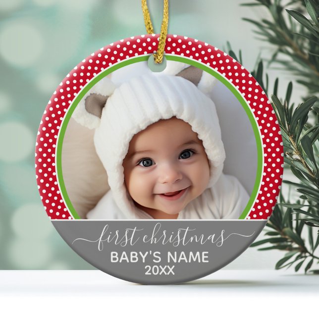 Babys Erste Weihnachten - Polka-Punkte-Foto Keramikornament (Personalized Photo Ornament - Baby's First Christmas)