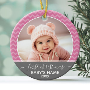 Babys Erste Weihnachten - rosa Chevronen und grau Keramikornament