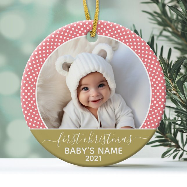 Babys Erste Weihnachten - Rose Gold Polka Dots Ornament Aus Metall (Personalized Photo Ornament - Baby's First Christmas)