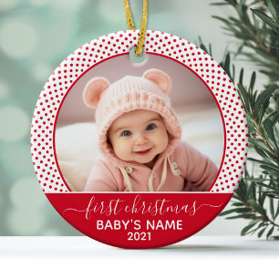 Babys Erste Weihnachten - rote weiße Polka-Punkte Keramik Ornament