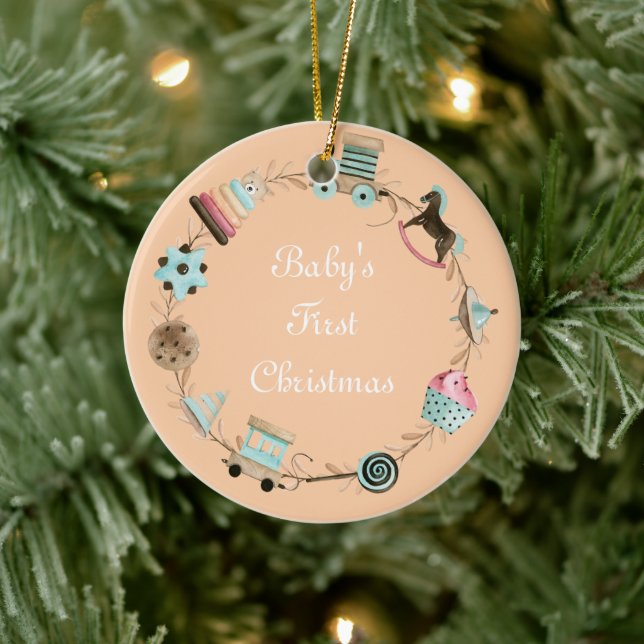 Babys erste Weihnachtsfarbe und Text Keramik Ornament (Baum)