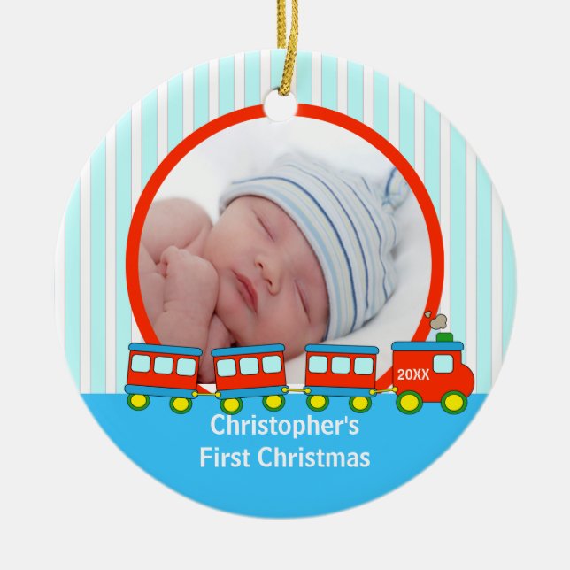 Babys erste WeihnachtsFoto-Verzierungs-Züge Keramik Ornament (Vorne)