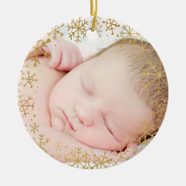 Babys erste Weihnachtsgoldschneeflocken Keramik Ornament (Vorne)